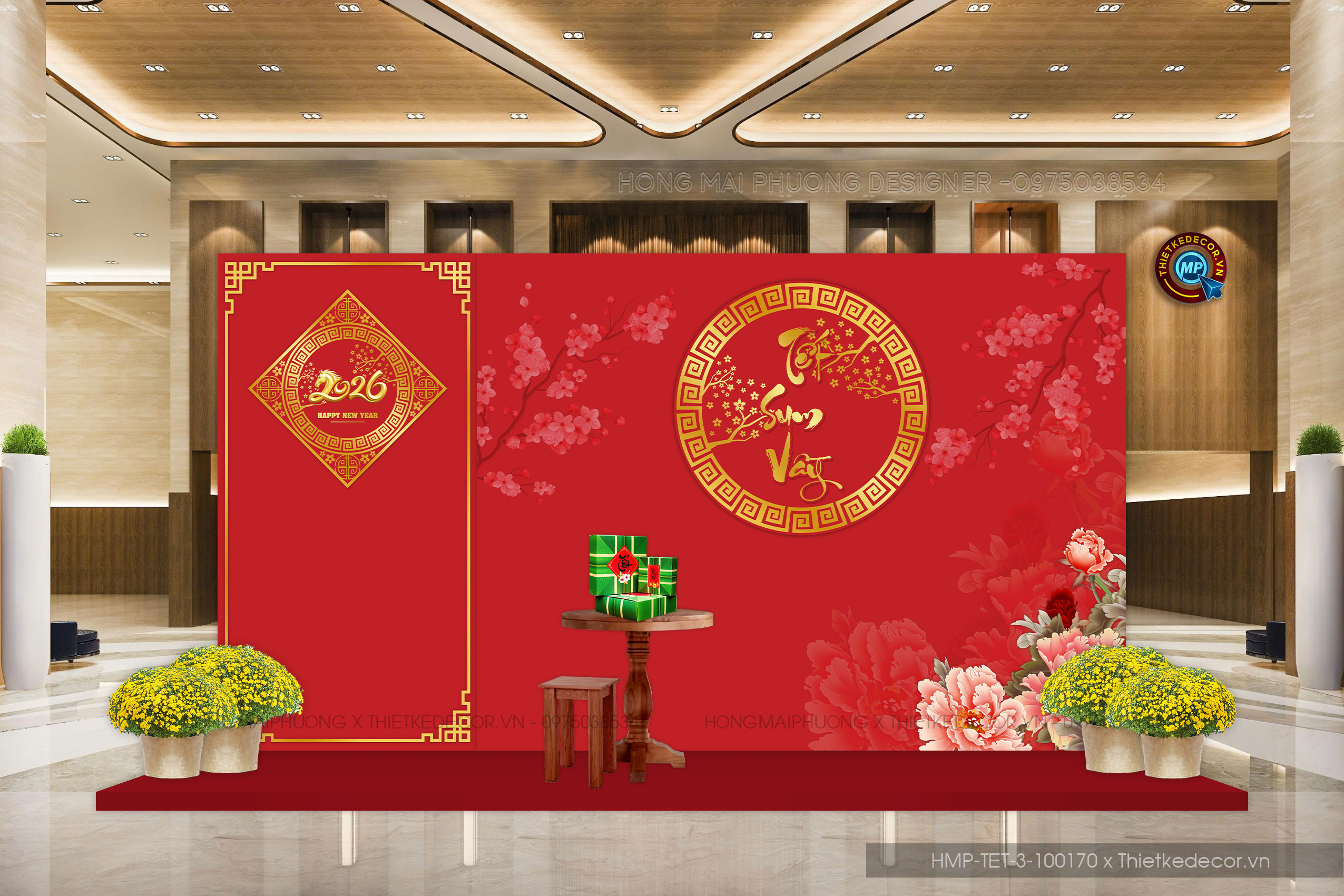 File thiết kế trang trí Tết 2026 Xuân Bính Ngọ. Backdrop checkin Tết.